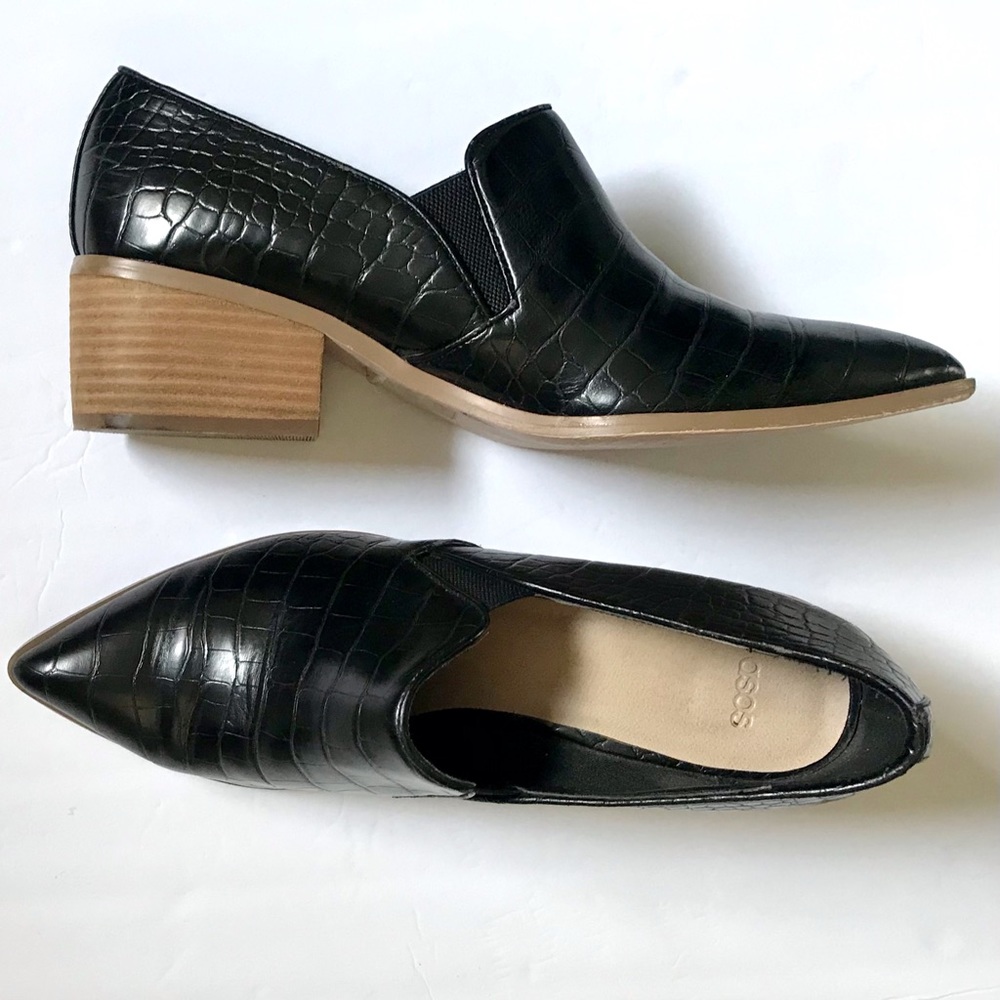 ASOS Design Alligator Embossed Slip On Modern Block Heel Two Tone Bootie Loafers